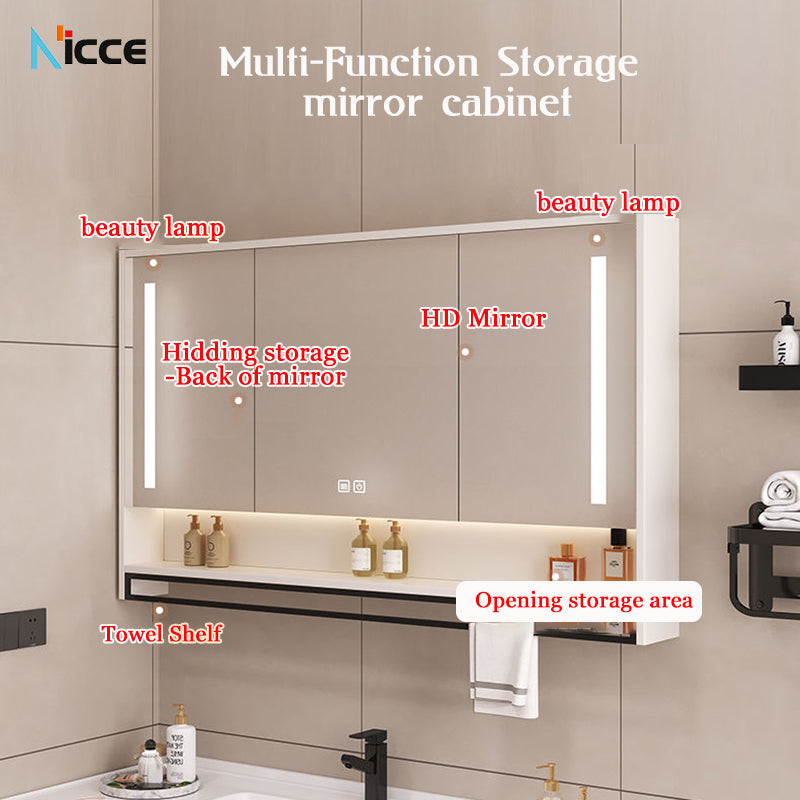 Nordic Smart Solid Wood Multi-Layer Vanity Mirror Cabinet with Storage and Open Shelving bathroom mirror kabinet