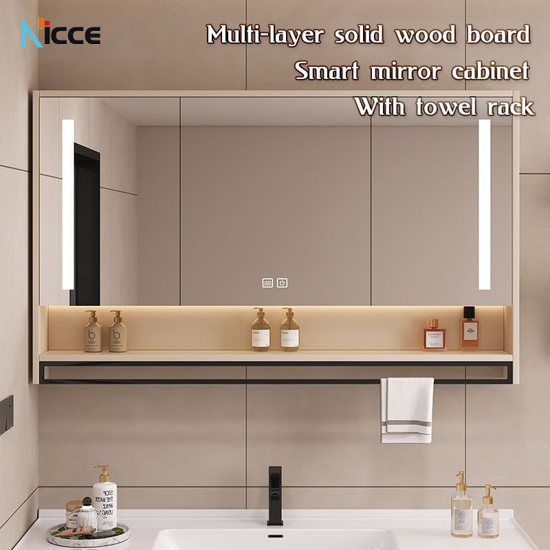 Nordic Smart Solid Wood Multi-Layer Vanity Mirror Cabinet with Storage and Open Shelving bathroom mirror kabinet