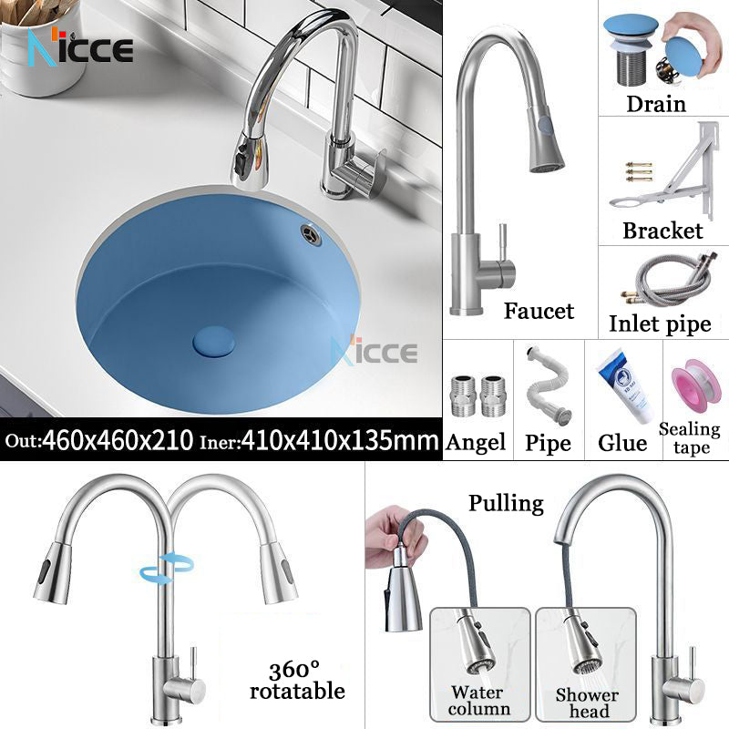 Nordic luxury undercounter round basin ceramic blue bathroom sink with drainer and pulling faucet