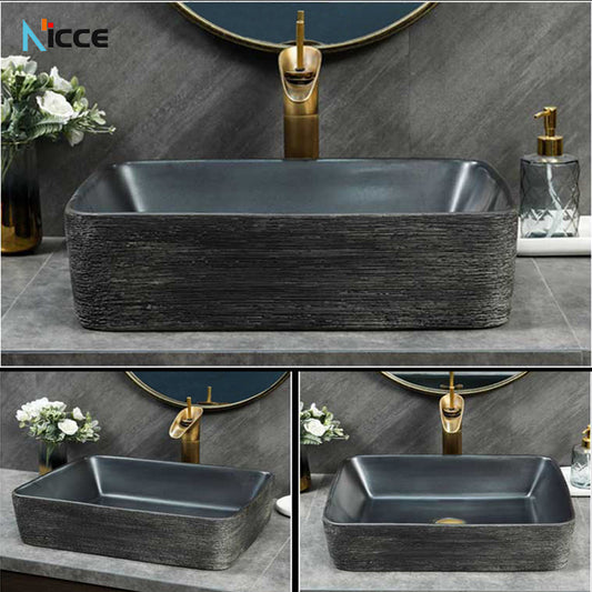 Home Retro simple Chinese ceramic basin toilet Creative stone thread porcelain outdoor balcony countertop basin art bathroom sink tap set