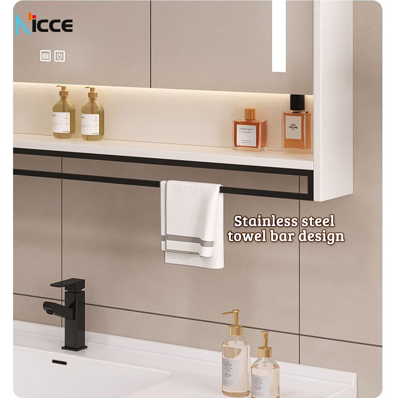 Nordic Smart Solid Wood Multi-Layer Vanity Mirror Cabinet with Storage and Open Shelving bathroom mirror kabinet