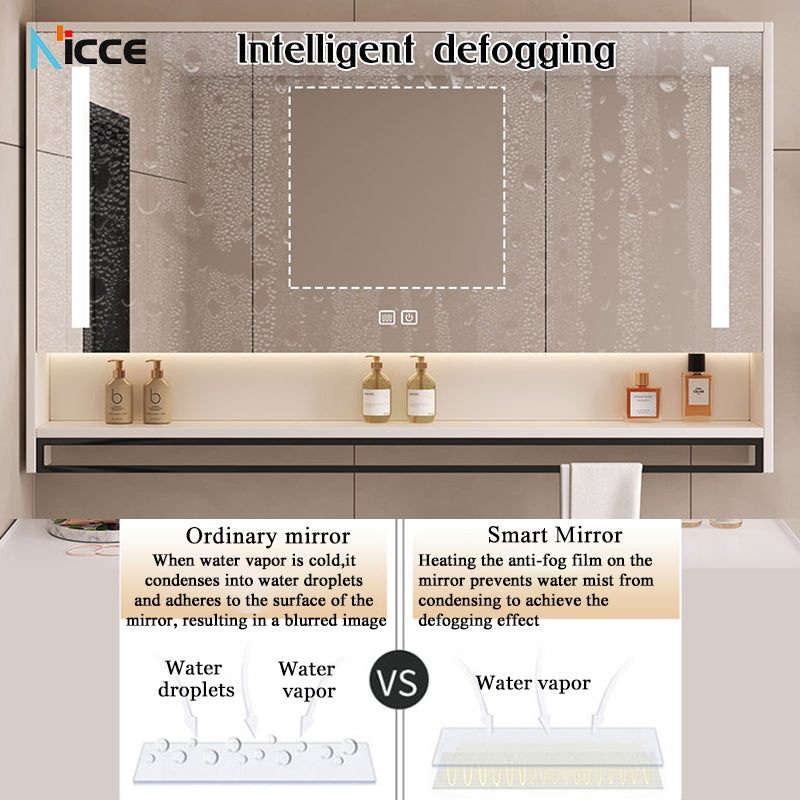 Nordic Smart Solid Wood Multi-Layer Vanity Mirror Cabinet with Storage and Open Shelving bathroom mirror kabinet
