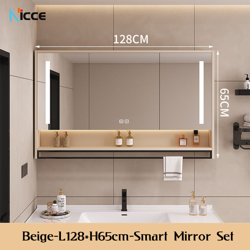 Nordic Smart Solid Wood Multi-Layer Vanity Mirror Cabinet with Storage and Open Shelving bathroom mirror kabinet