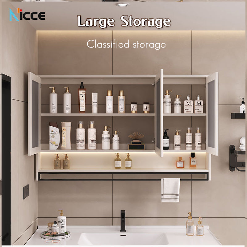 Nordic Smart Solid Wood Multi-Layer Vanity Mirror Cabinet with Storage and Open Shelving bathroom mirror kabinet