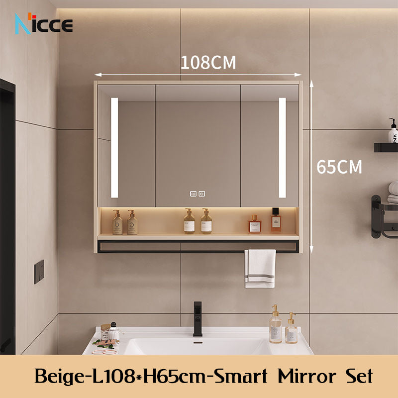 Nordic Smart Solid Wood Multi-Layer Vanity Mirror Cabinet with Storage and Open Shelving bathroom mirror kabinet
