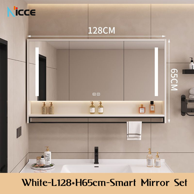 Nordic Smart Solid Wood Multi-Layer Vanity Mirror Cabinet with Storage and Open Shelving bathroom mirror kabinet