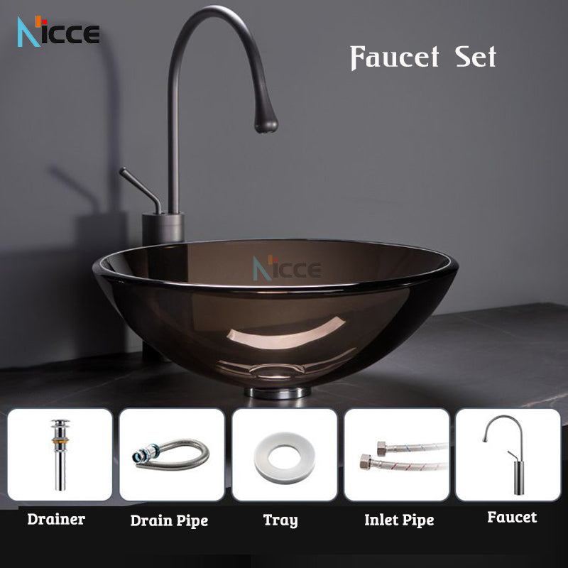 Nordic luxury creative bathroom countertop basin glass material blue toilet round art basin faucet set