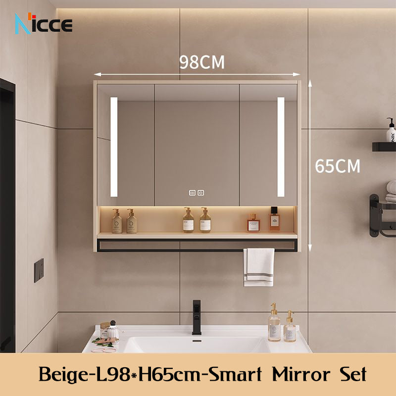 Nordic Smart Solid Wood Multi-Layer Vanity Mirror Cabinet with Storage and Open Shelving bathroom mirror kabinet