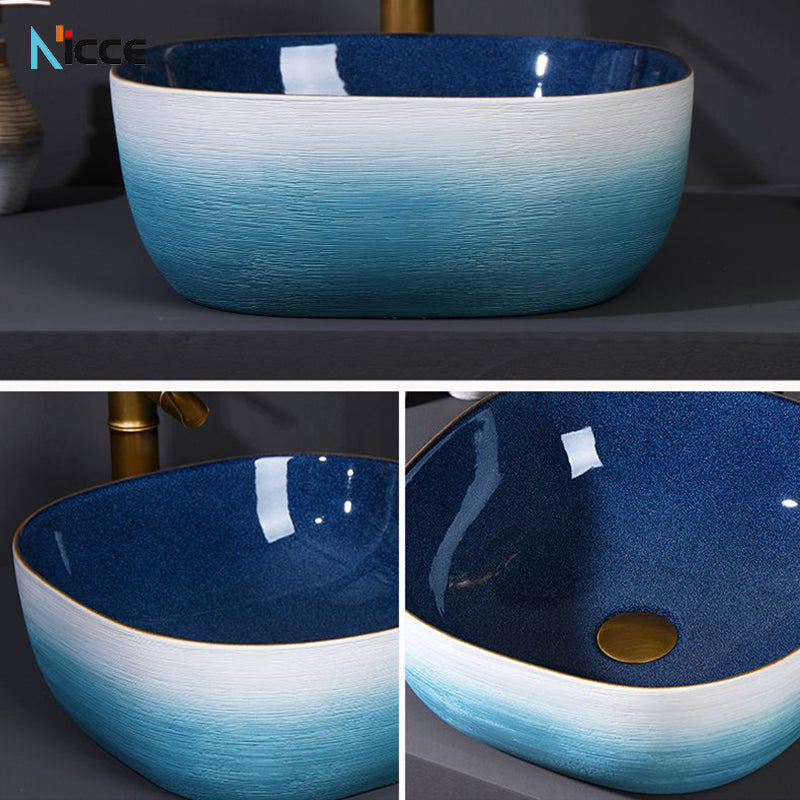 Retro luxury gradient color bathroom countertop basin square toilet ceramic art sink with faucet