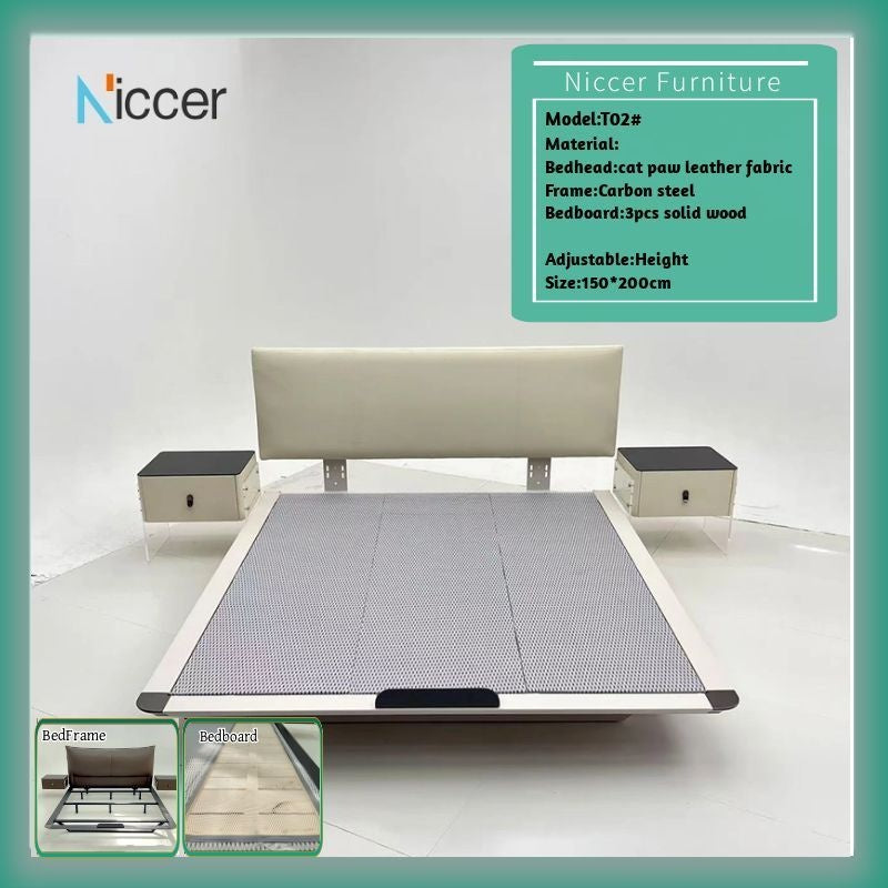 Modern Floating Bed Frame with Cat Scratch Proof Leather Headboard,queen size  Durable Steel Construction, and 3cm Silent Slats - Perfect for Pet Owners