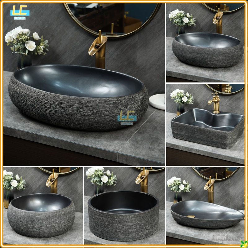 Home Retro simple Chinese ceramic basin toilet Creative stone thread porcelain outdoor balcony countertop basin art bathroom sink tap set