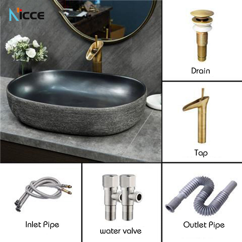 Home Retro simple Chinese ceramic basin toilet Creative stone thread porcelain outdoor balcony countertop basin art bathroom sink tap set