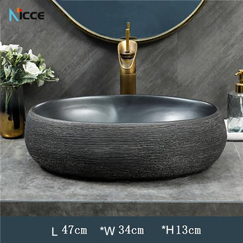 Home Retro simple Chinese ceramic basin toilet Creative stone thread porcelain outdoor balcony countertop basin art bathroom sink tap set