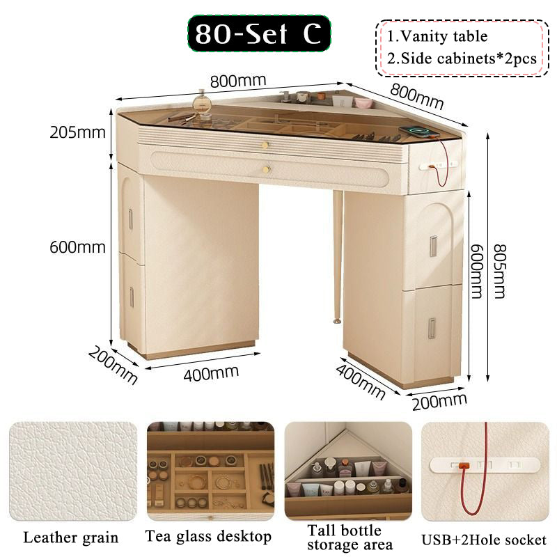 Nordic luxury small corner dressing table 80cm bedroom bedside triangle visual dressing table with smart mirror rotatable makeup stool with storage cabinet