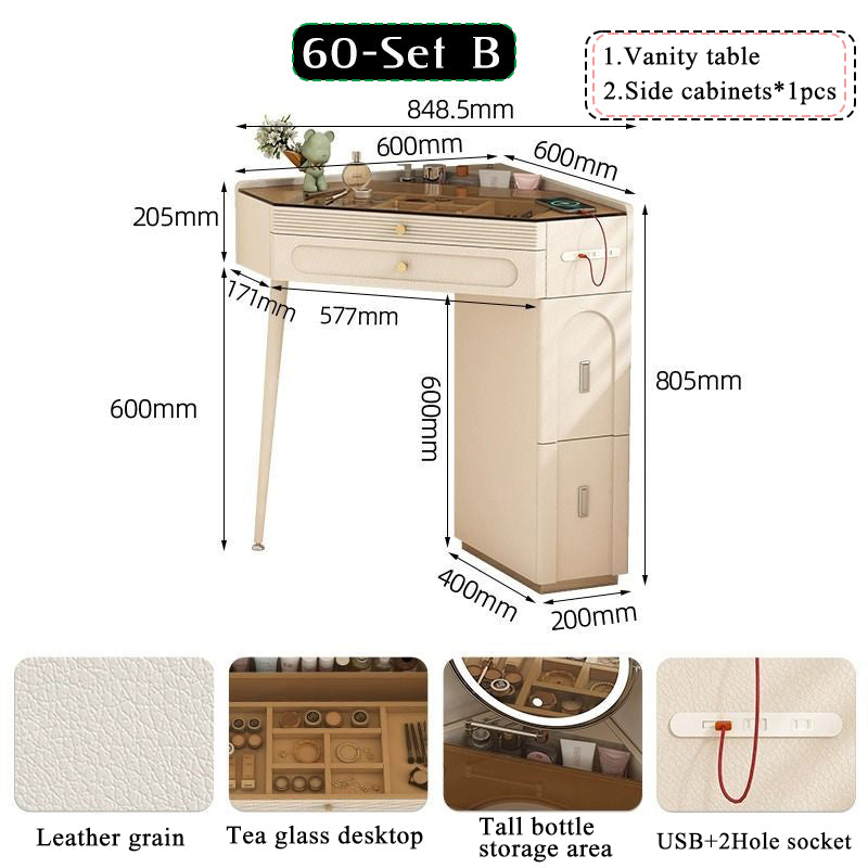 Nordic luxury small corner dressing table 80cm bedroom bedside triangle visual dressing table with smart mirror rotatable makeup stool with storage cabinet