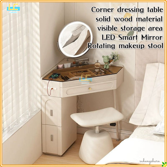 Nordic luxury small corner dressing table 80cm bedroom bedside triangle visual dressing table with smart mirror rotatable makeup stool with storage cabinet