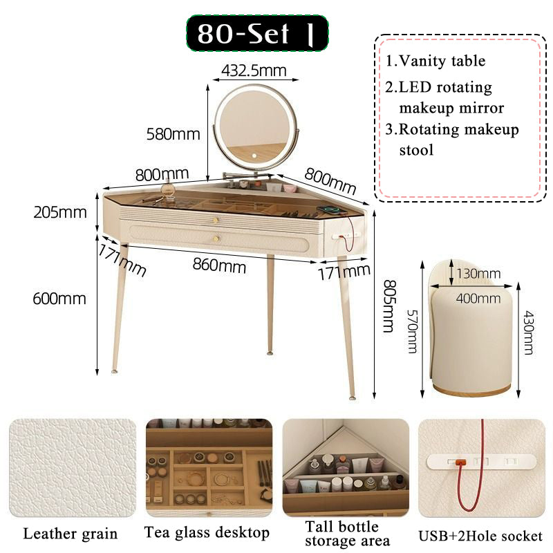 Nordic luxury small corner dressing table 80cm bedroom bedside triangle visual dressing table with smart mirror rotatable makeup stool with storage cabinet