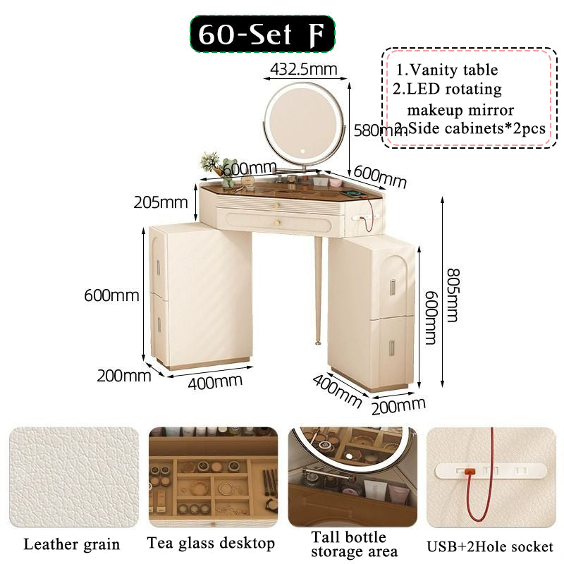 Nordic luxury small corner dressing table 80cm bedroom bedside triangle visual dressing table with smart mirror rotatable makeup stool with storage cabinet