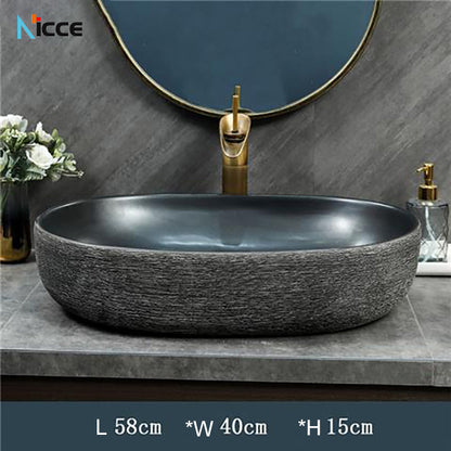 Home Retro simple Chinese ceramic basin toilet Creative stone thread porcelain outdoor balcony countertop basin art bathroom sink tap set