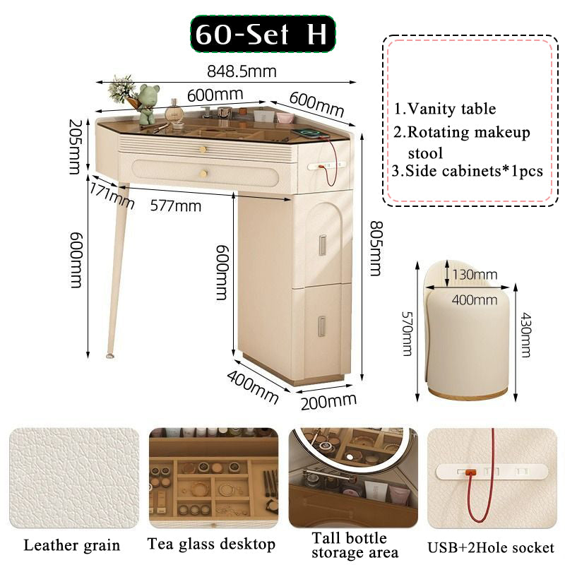 Nordic luxury small corner dressing table 80cm bedroom bedside triangle visual dressing table with smart mirror rotatable makeup stool with storage cabinet