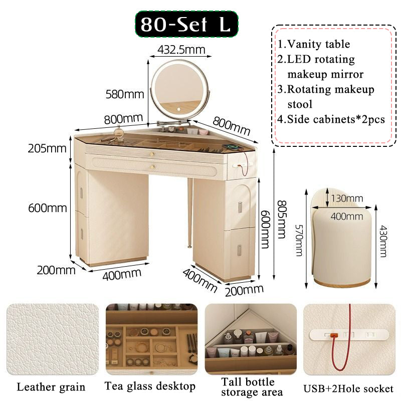 Nordic luxury small corner dressing table 80cm bedroom bedside triangle visual dressing table with smart mirror rotatable makeup stool with storage cabinet