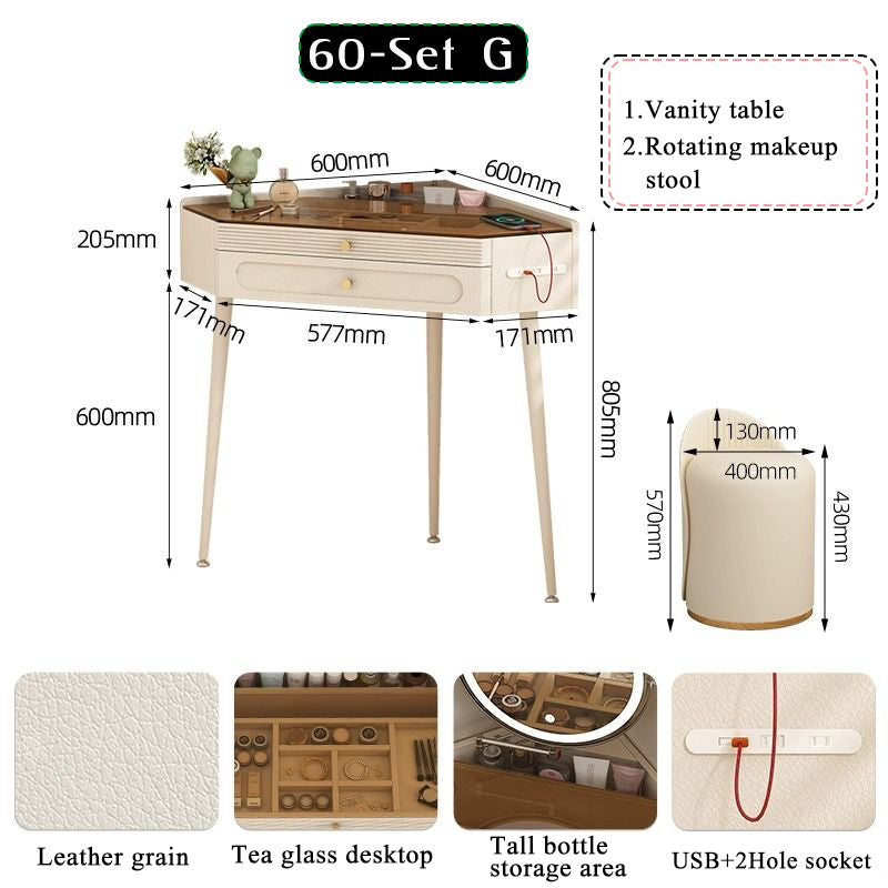 Nordic luxury small corner dressing table 80cm bedroom bedside triangle visual dressing table with smart mirror rotatable makeup stool with storage cabinet