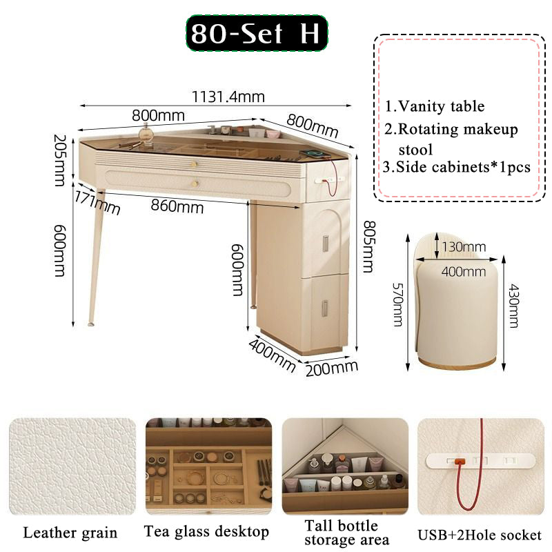 Nordic luxury small corner dressing table 80cm bedroom bedside triangle visual dressing table with smart mirror rotatable makeup stool with storage cabinet