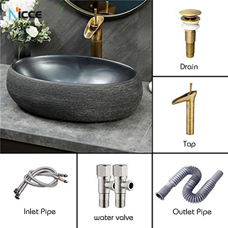 Home Retro simple Chinese ceramic basin toilet Creative stone thread porcelain outdoor balcony countertop basin art bathroom sink tap set