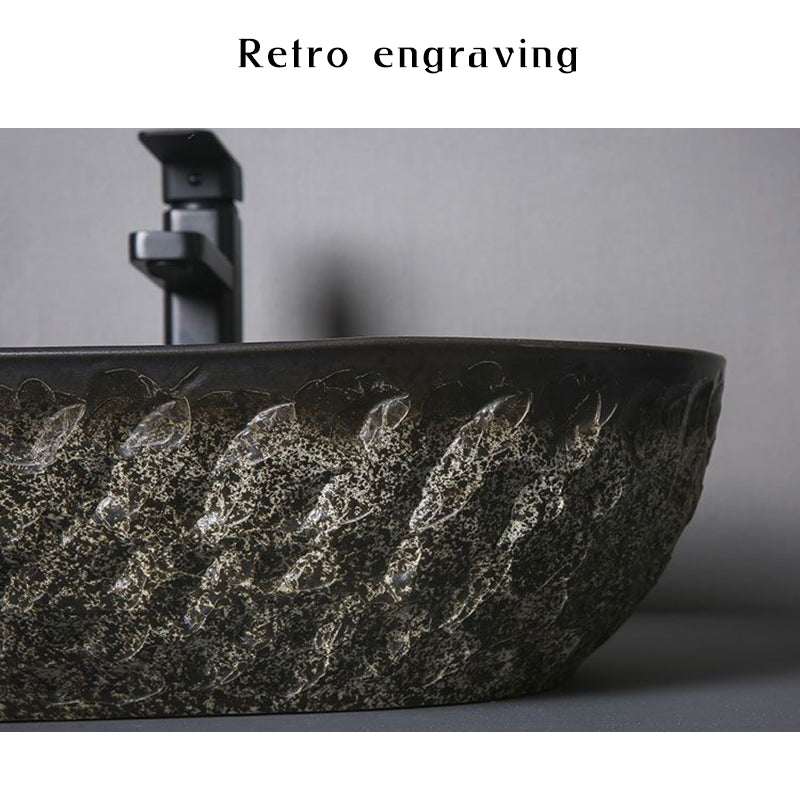 Chinese retro Luxury Bathroom Oval Ceramic Wash Basin Stone Carved Personalized Simple Outdoor Toilet Sink