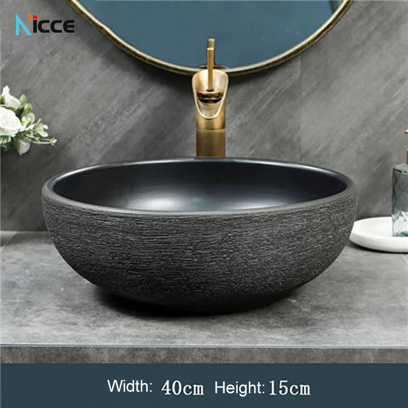 Home Retro simple Chinese ceramic basin toilet Creative stone thread porcelain outdoor balcony countertop basin art bathroom sink tap set