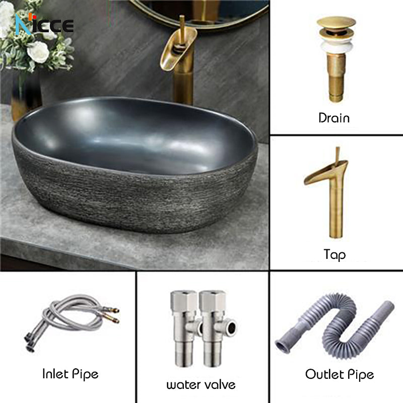 Home Retro simple Chinese ceramic basin toilet Creative stone thread porcelain outdoor balcony countertop basin art bathroom sink tap set