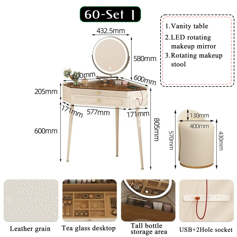 Nordic luxury small corner dressing table 80cm bedroom bedside triangle visual dressing table with smart mirror rotatable makeup stool with storage cabinet