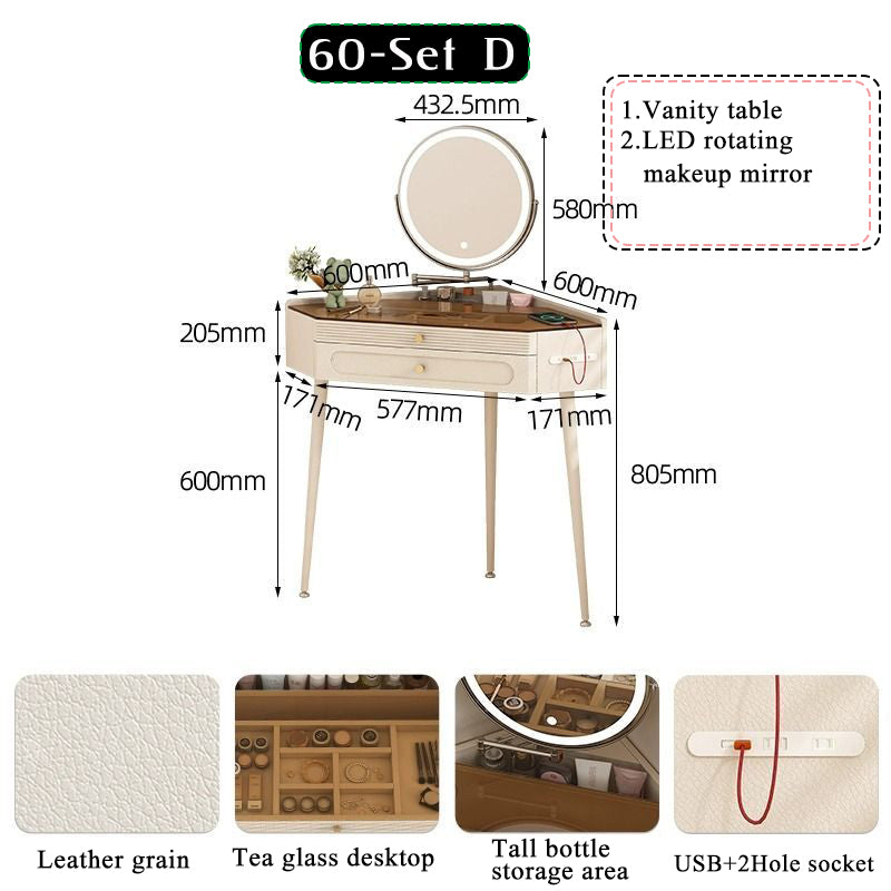 Nordic luxury small corner dressing table 80cm bedroom bedside triangle visual dressing table with smart mirror rotatable makeup stool with storage cabinet