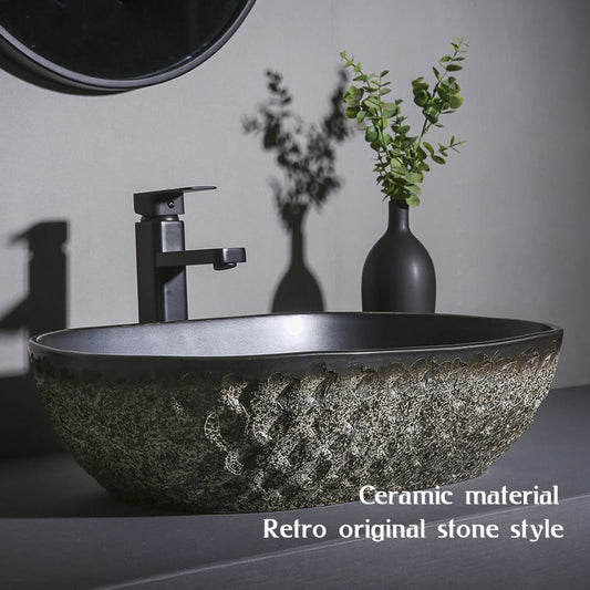 Chinese retro Luxury Bathroom Oval Ceramic Wash Basin Stone Carved Personalized Simple Outdoor Toilet Sink