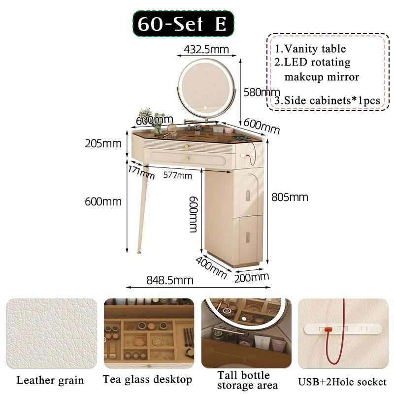 Nordic luxury small corner dressing table 80cm bedroom bedside triangle visual dressing table with smart mirror rotatable makeup stool with storage cabinet