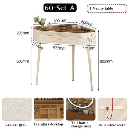 Nordic luxury small corner dressing table 80cm bedroom bedside triangle visual dressing table with smart mirror rotatable makeup stool with storage cabinet