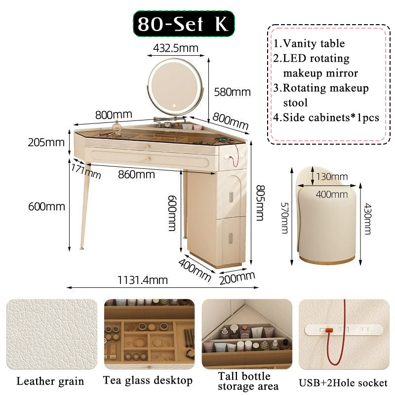 Nordic luxury small corner dressing table 80cm bedroom bedside triangle visual dressing table with smart mirror rotatable makeup stool with storage cabinet