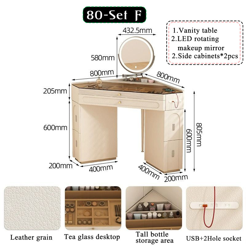 Nordic luxury small corner dressing table 80cm bedroom bedside triangle visual dressing table with smart mirror rotatable makeup stool with storage cabinet