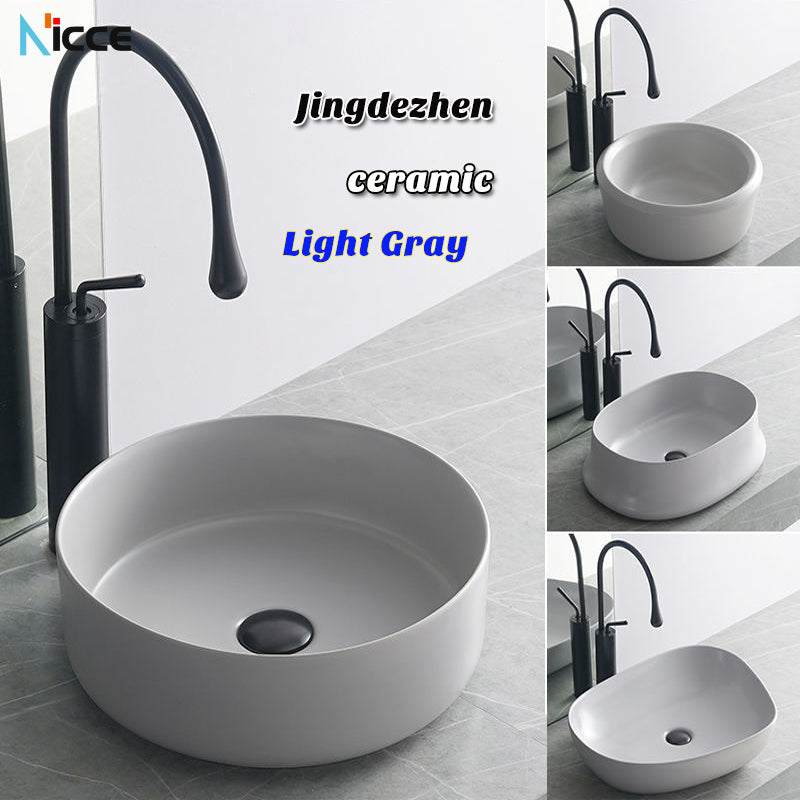 Nordic minimalist bathroom light gray washbasin matte ceramic countertop basin hot and cold water faucet toilet sink drain set