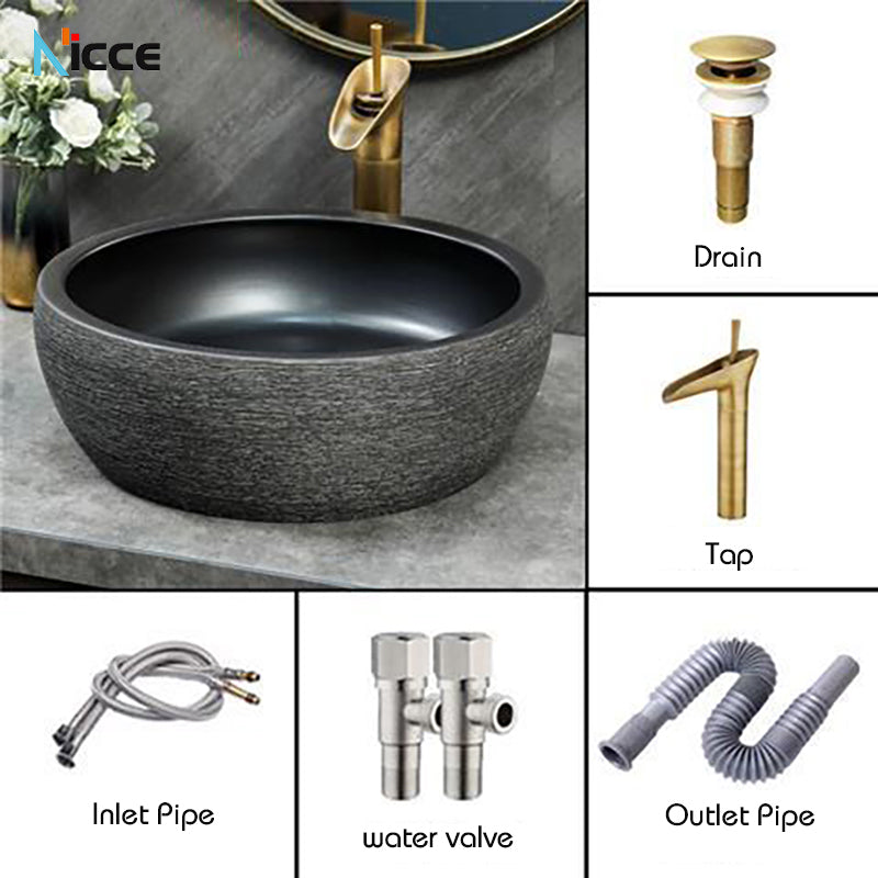 Home Retro simple Chinese ceramic basin toilet Creative stone thread porcelain outdoor balcony countertop basin art bathroom sink tap set