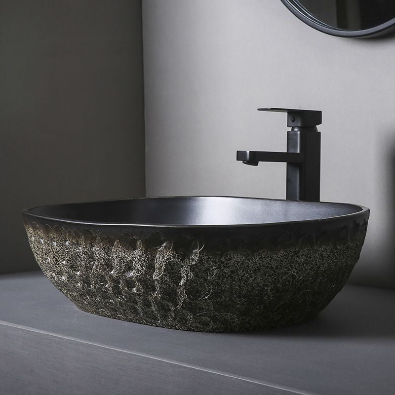 Chinese retro Luxury Bathroom Oval Ceramic Wash Basin Stone Carved Personalized Simple Outdoor Toilet Sink