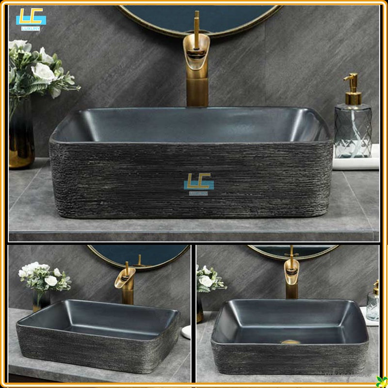 Home Retro simple Chinese ceramic basin toilet Creative stone thread porcelain outdoor balcony countertop basin art bathroom sink tap set