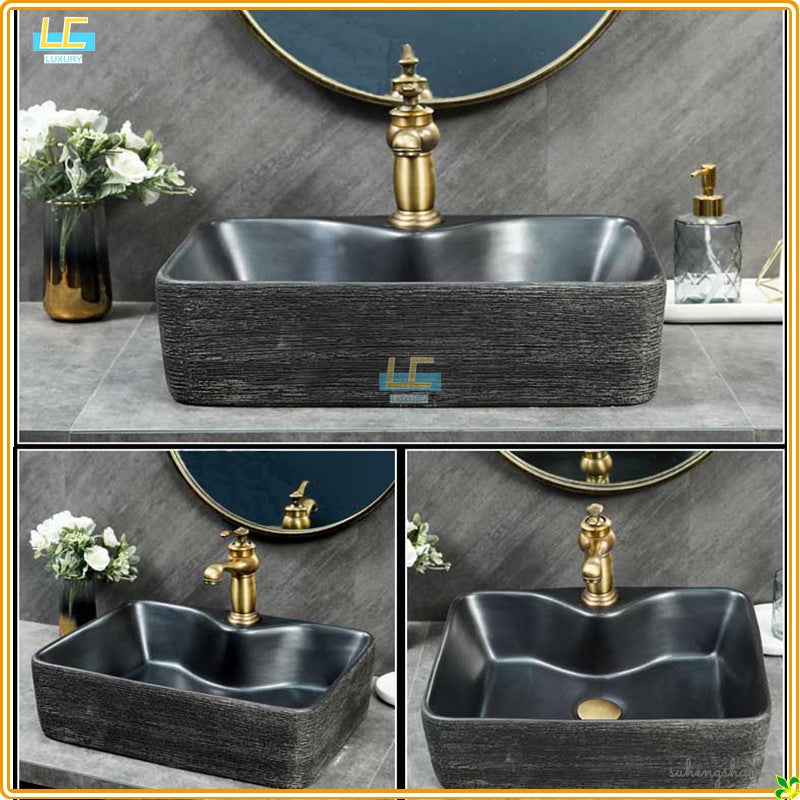 Home Retro simple Chinese ceramic basin toilet Creative stone thread porcelain outdoor balcony countertop basin art bathroom sink tap set