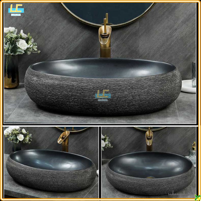 Home Retro simple Chinese ceramic basin toilet Creative stone thread porcelain outdoor balcony countertop basin art bathroom sink tap set