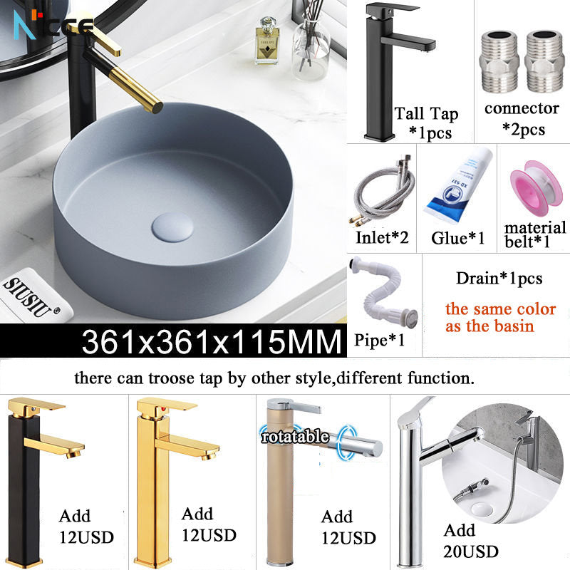 Nordic small bathroom light gray washbasin matte ceramic countertop basin hot and cold water faucet bathroom sink drain set