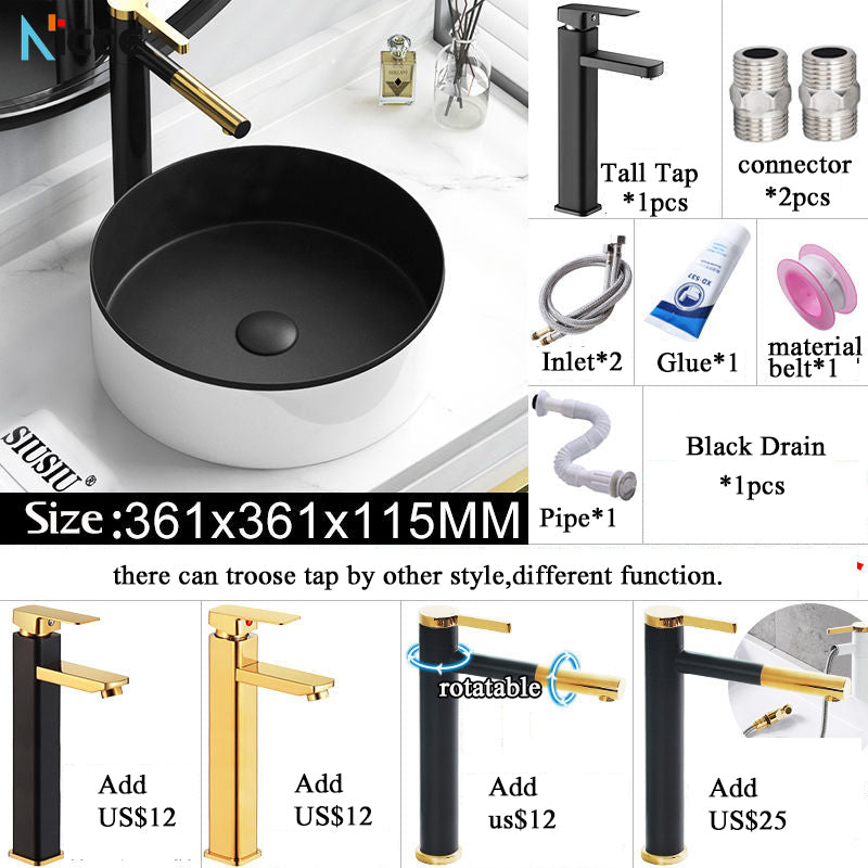 Nordic Simple Ceramic Countertop Basin Bathroom Small Size Black Round Art Washbasin Drainer Faucet Set