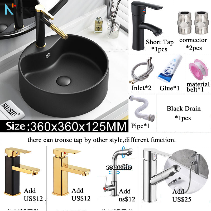 Nordic Simple Ceramic Countertop Basin Bathroom Small Size Black Round Art Washbasin Drainer Faucet Set