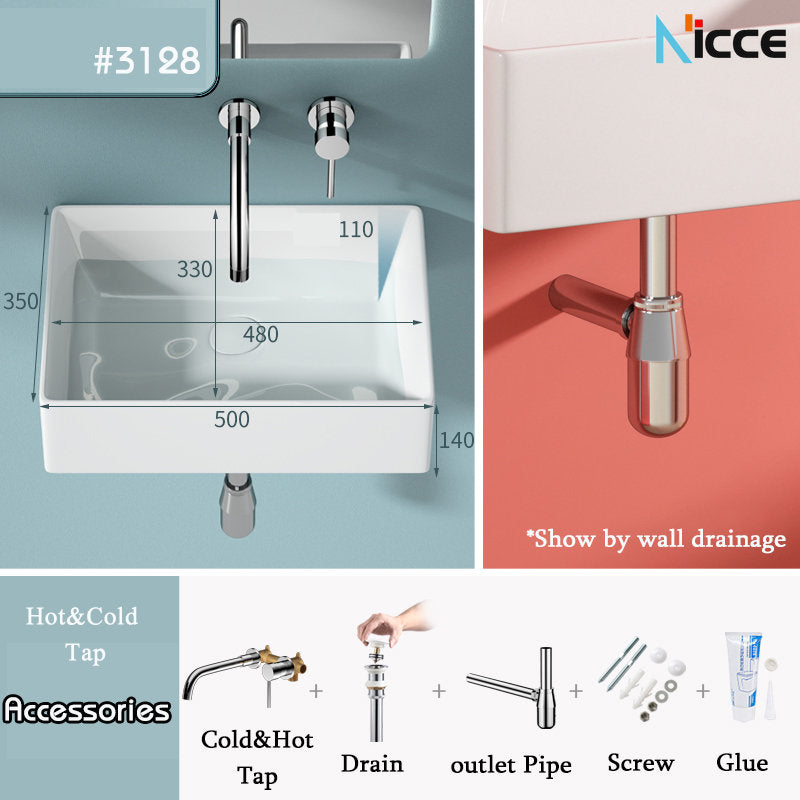 Nordic minimalist home wall-mounted washbasin bathroom mini wall faucet non-porous white ceramic washbasin stainless steel bracket balcony floor-to-ceiling art basin