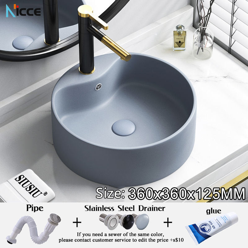 Nordic small bathroom light gray washbasin matte ceramic countertop basin hot and cold water faucet bathroom sink drain set