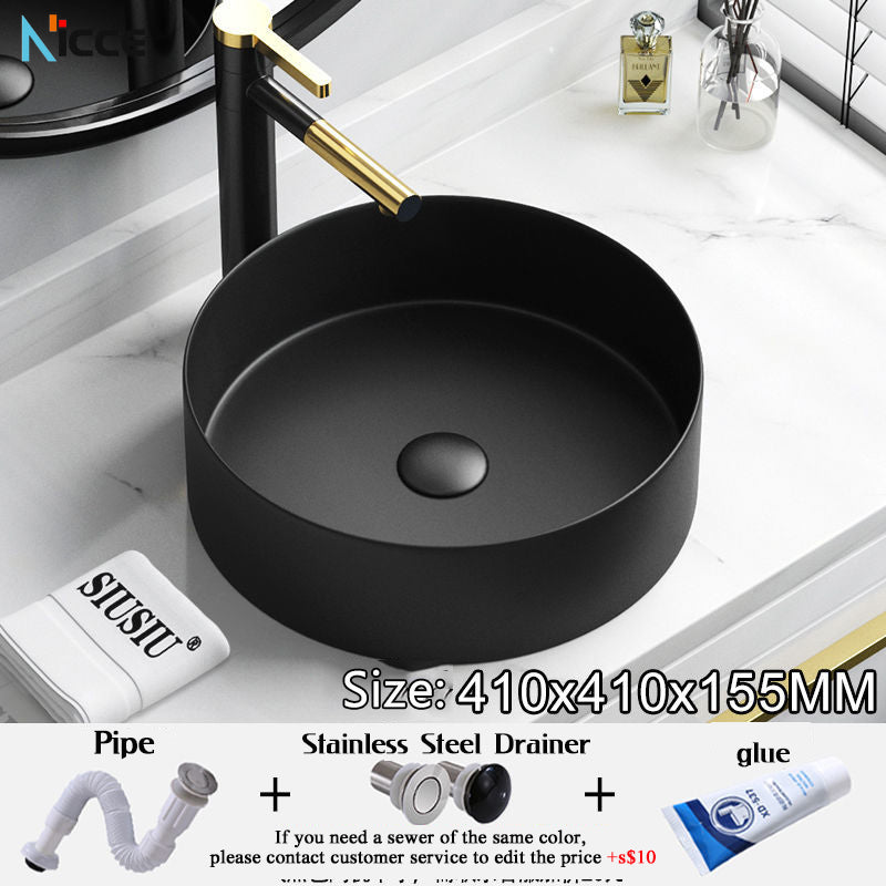 Nordic Simple Ceramic Countertop Basin Bathroom Small Size Black Round Art Washbasin Drainer Faucet Set